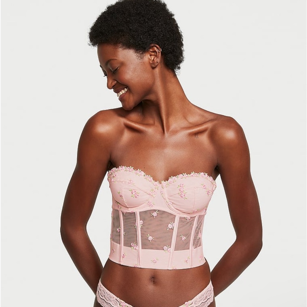 Rosebud Embroidery Unlined Strapless Plunge-Back Corset Top